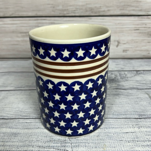 Boleslawiec Polish Pottery Americana Stars & Stripes Red White Blue Utensil Jar - Picture 1 of 4